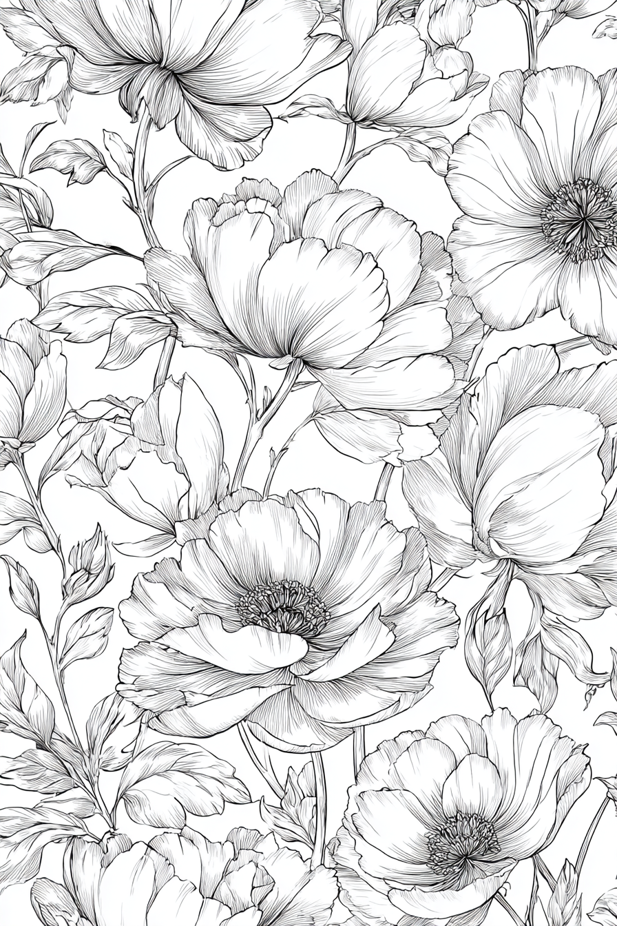 Flowers & Botanical - Instantly Downloadable Digital Adult Colouring Book